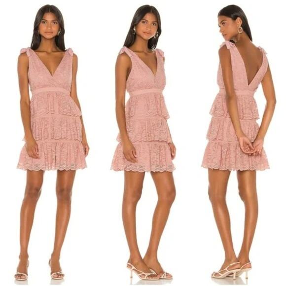 BARDOT Dusty Pink Lace Romantic Tiered Ruffle Mini Dress Cocktail Wedding SMALL - Picture 1 of 10